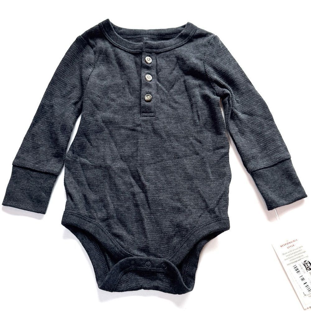 Cat & Jack Baby Henley Charcoal Grey Long Sleeve Onesie Size 6-9 Months